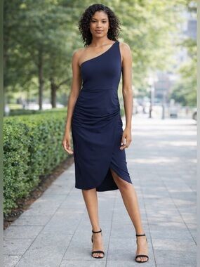 Socialite Dress One Shoulder Ruched Navy Blue Sleeveless